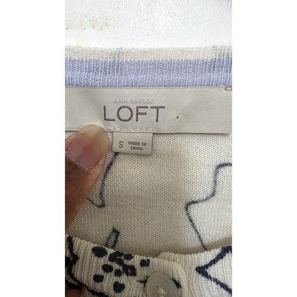 Loft S Women's Floral Print Cardigan White & Navy 100% Cotton Lightweight Size S - Picture 5 of 6